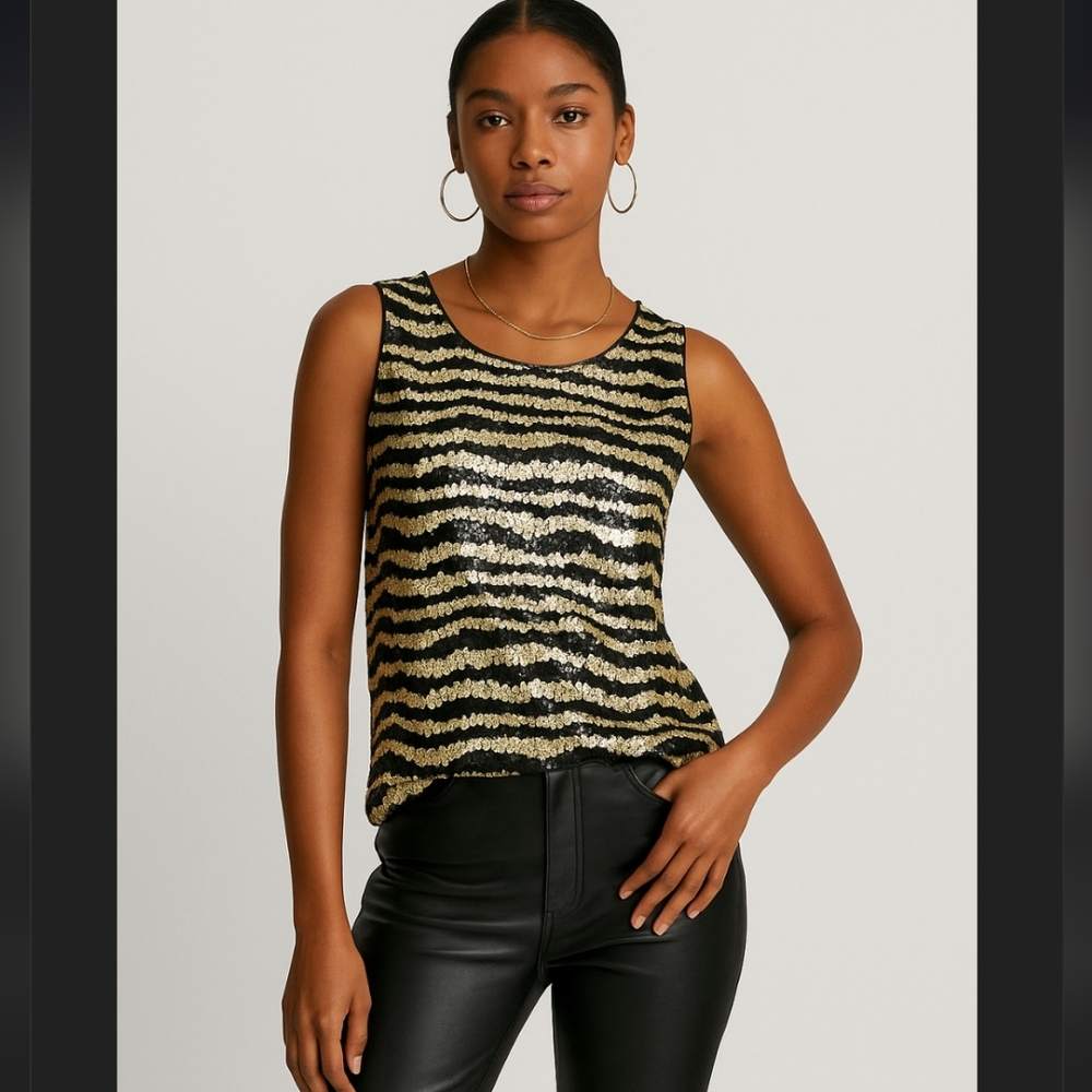 Dolce Vita black / gold striped sequin open back vest style top small